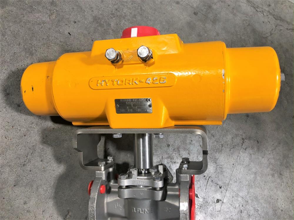 XOMOX Tufline 1-1/2" 150# CF8M 3-Way Plug Valve, Type D,  w/ Hytork 426 Actuator